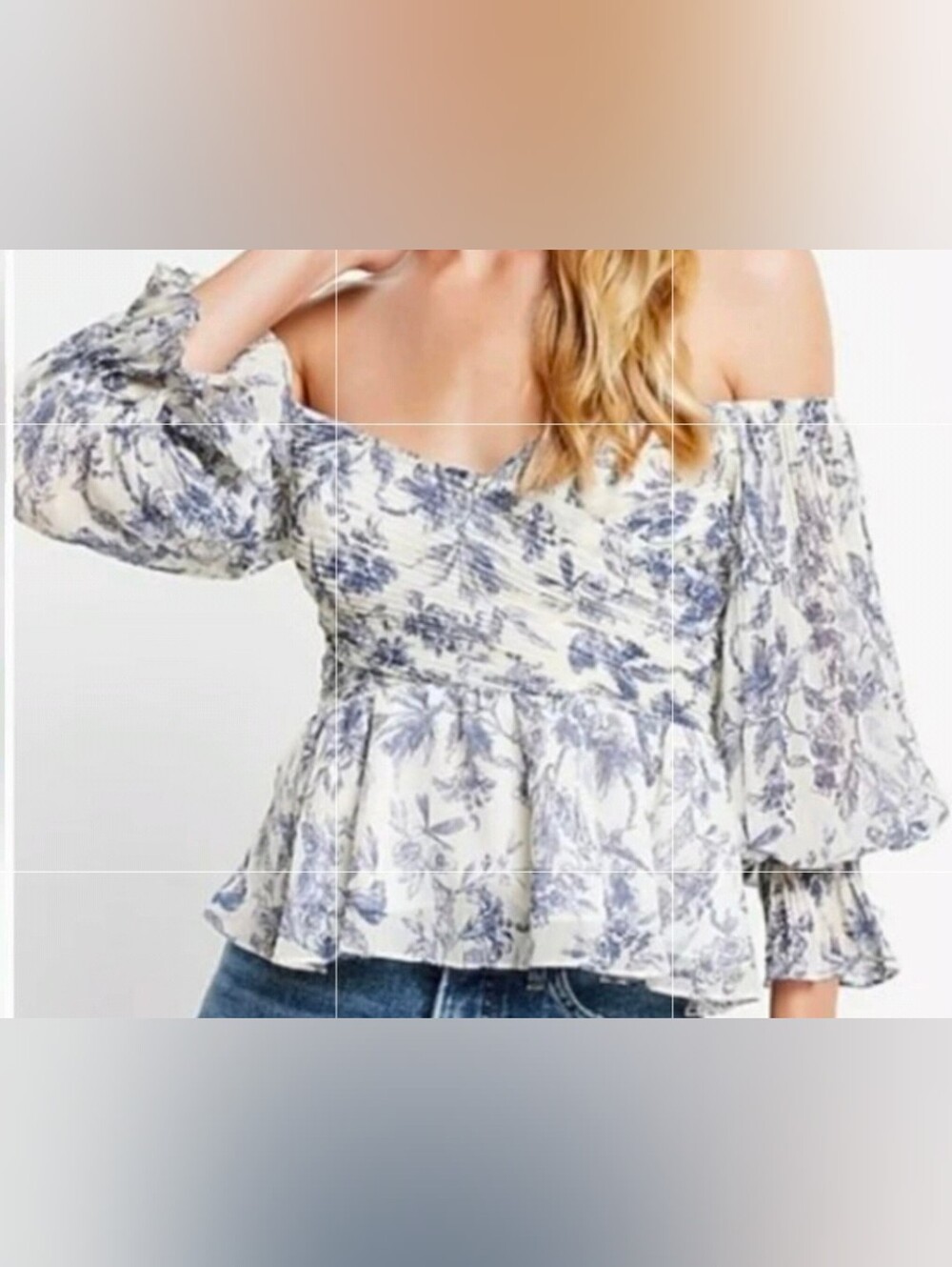 Express White and Blue Off-Shoulder Floral Peplum Top